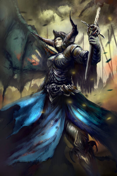 A beautiful woman in demonic plastic armor, holding a sacred dagger in her hand, a horned helmet on her head, a dragon wing behind. 2D illustration