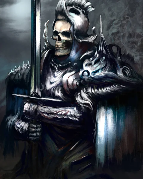 一个穿着闪亮的厚重盔甲的令人毛骨悚然的骷髅骑士 他准备用一把拔出的剑战斗 在他身后可以看到鬼魂的薄雾 2D说明 — 图库照片