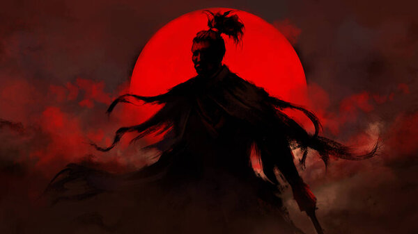 A black samurai with a katana and tattered clothes stands in the fog, his hair is gathered in a bun, behind him is the red sun, shrouded in clouds. 2D illustration