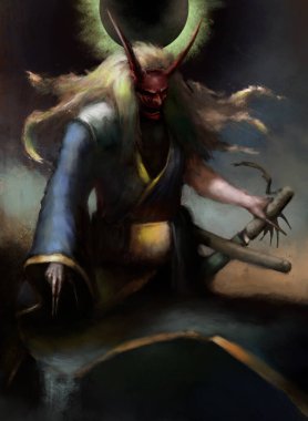 Japon şeytan oni, kimono giymiş, bir kılıç çekiyor, su büyüsü yapıyor, arkasında alevler içindeki karanlık bir küre var.