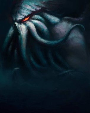 Okyanusun dibinden yükselen antik dev deniz canavarı Cthulhu 'nun yüzünde birçok dokunaç vardır ve gözleri kırmızı ışıkla parlar. 2B illüstrasyon