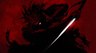 Yırtık elbiseli bir Japon samurayı, elinde bir katana, arkasında kızıl bir ay var.