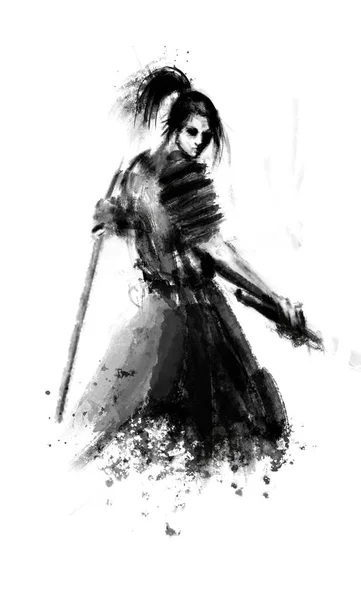 A samurai with disheveled hair and a katana is preparing to rush into battle.