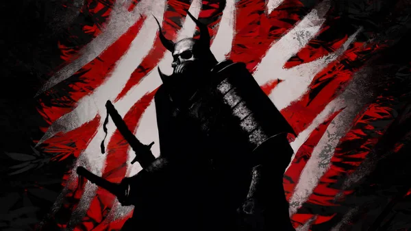 Boynuzlu Kafataslı Bir Samuray Iblisi Siyah Bir Zırh Giymiş Elinde — Stok fotoğraf