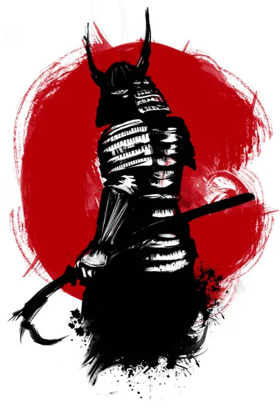 Samuraj Zlověstně Podívá Zpod Přilby Připraví Meč Boji Pozadí Rudého — Stock fotografie