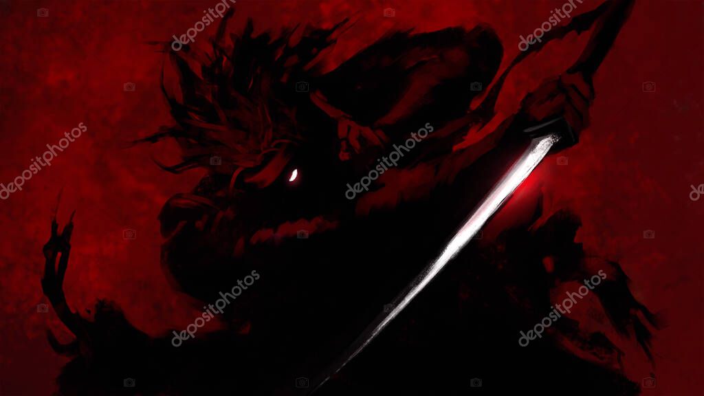 Japanese samurai in torn clothes, in his hand he has a katana, behind him is a red moon