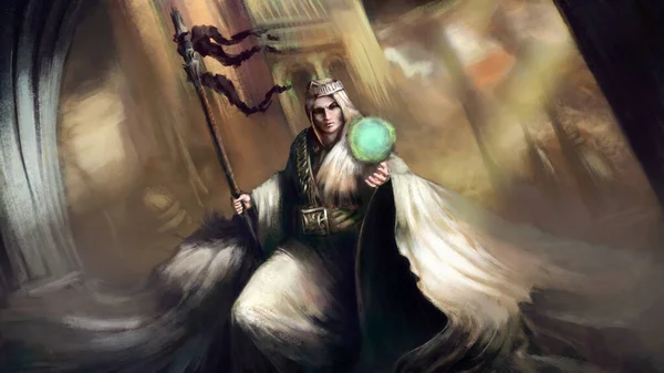 A magician in a fixed golden robe holds a staff in his hand, he uses a spell, behind him is a huge castle. 2D illustration
