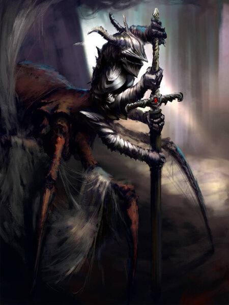 The arachno-knight pulls out a huge sword from its sheath, he is dressed in shiny armor, he has four arms, his lower body is from a spider, he is shrouded in cobwebs. 2D illustration