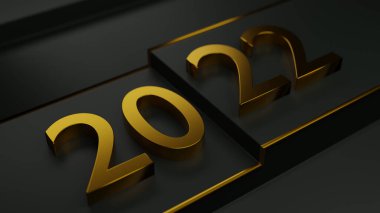2022 Yeni Yıl Siyah Arkaplan 3D Görüntü Üzerine Zarif Altın Harf. Lüks ve incelik kavramı.