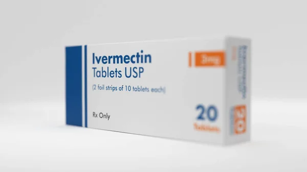 薬局棚の上に箱に隔離されたIvermectinタブレット3Dレンダリング — ストック写真