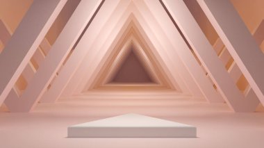 Şeftali üçgenli koridor ürünü podyum arka planı. Şov Pedestal. Minimalist 3d İllüstrasyon.