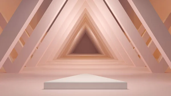 Şeftali üçgenli koridor ürünü podyum arka planı. Şov Pedestal. Minimalist 3d İllüstrasyon.