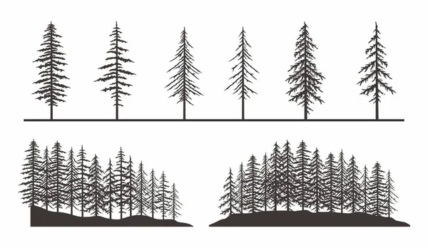 一套老式松树轮廓 森林景观矢量树元素 移动应用程序设计或游戏矢量说明 — 图库矢量图片