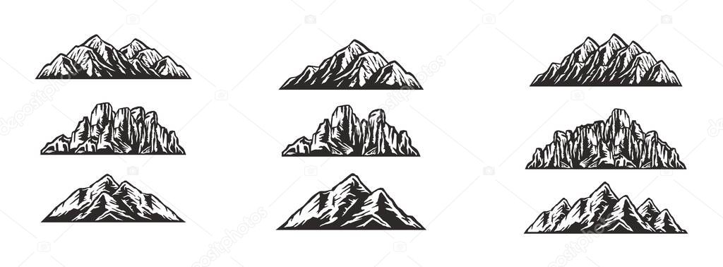 Set of hand-drawn mountain silhouettes, Vector mountain elements for landscape,  design for mobile apps or games vector Illustration