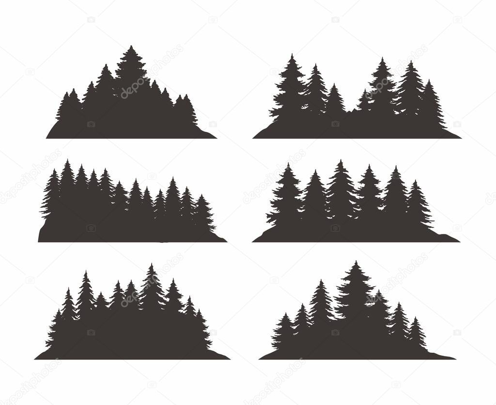Set of vintage pine tree silhouettes, Vector trees elements for forest landscape,  design for mobile apps or games vector Illustration