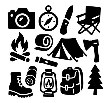 Çıkartma macerası kamp malzemeleri simge şablonu logosu