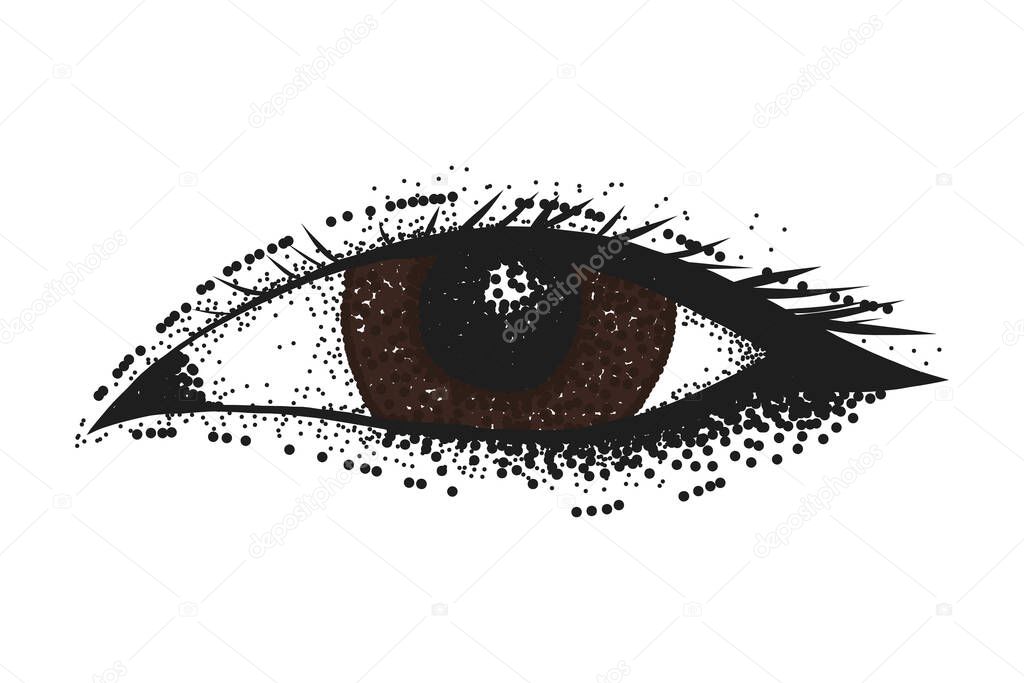 Hand drawn vector illustration of a brown eye. Asian girl eye isolated on white background. Dot work style.