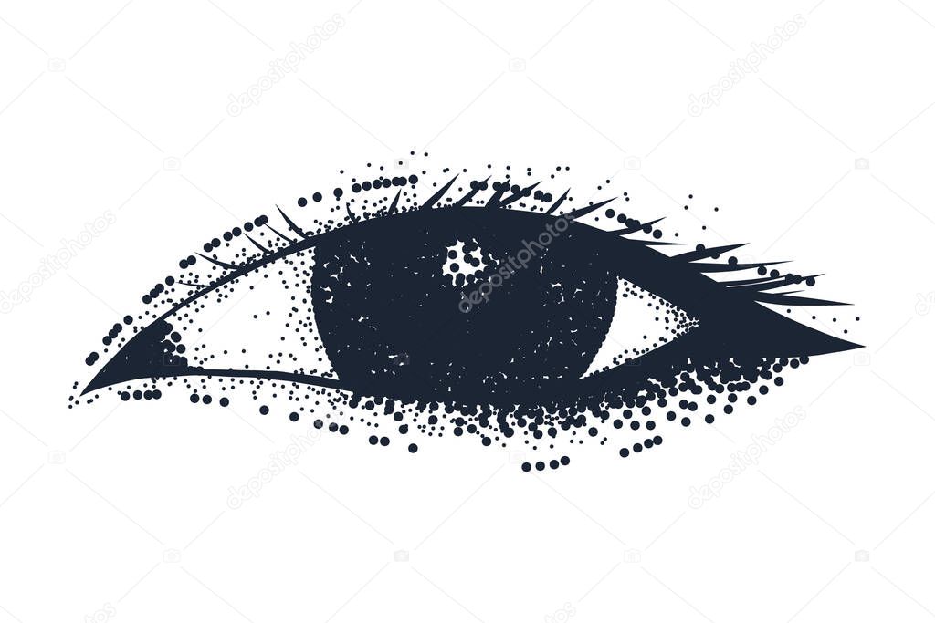 Hand drawn vector illustration of an eye. Asian girl eye isolated on white background. Dot work style.