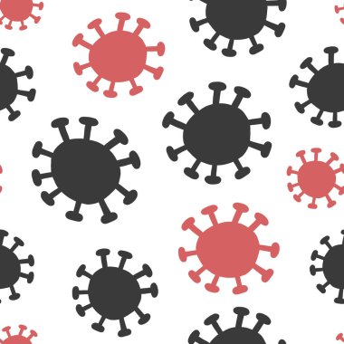 Beyaz bir zemin üzerinde koronavirüs moleküllerinin görüntüsü olan kusursuz desen. Önleyici tedbirler hakkında bilgi pankartları, broşürler, posta listeleri tasarlamak için. Vektör grafikleri.