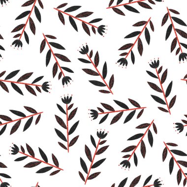 Kusursuz desen. Beyaz arkaplanda kırmızı saplı siyah çiçekler.