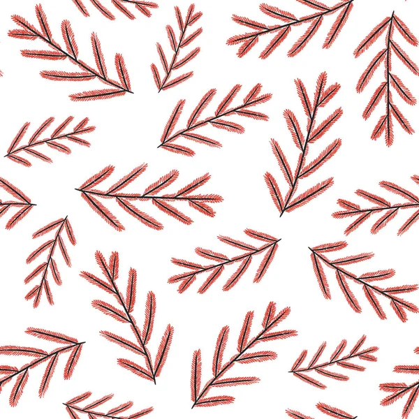 Seamless pattern. Coniferous branches with black stems and red needles.