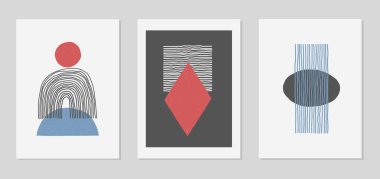 Soyut şekillerin vektör kümesi. Tasarımınız için çizgilerle ve geometrik elementlerle yaratıcı renkli kompozisyonlar. Minimalizm.