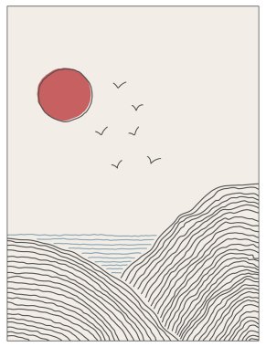 Moda soyut modern kolaj. Dağları, denizi ve kızıl güneşi olan vektör manzarası. 