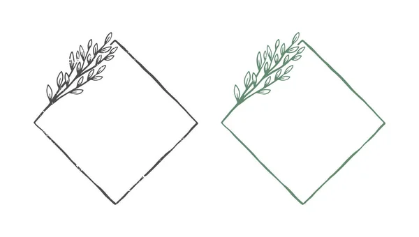 枝を持つ2つの手描きベクトル幾何学的なフレームのセット 輪郭の花のフレームの境界線 植物で飾られた幾何学的形状 — ストックベクタ
