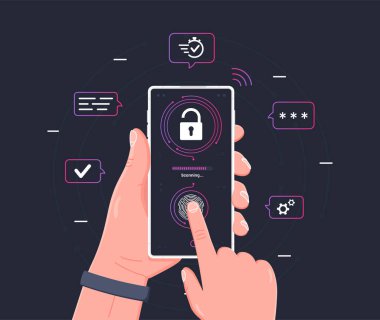 Parmak izi taramasından cep telefonuna. Biyometrik tarama teknolojisi olan insan eli aleti. Akıllı telefonun kilidini açmak için ekranın altında parmak izi taraması kavramı. Vektör illüstrasyonu.