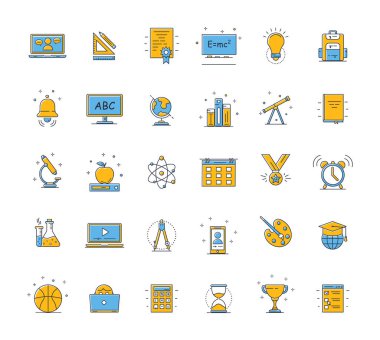 Eğitim simgeleri ayarlandı. Tasarım elementleri, renkli. Beyaz arka planda izole edilmiş. Mobil kavramlar, web uygulamaları, broşürler, sosyal ağlar için kullanılabilir. Düz biçim vektör illüstrasyonu.