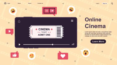Çevrimiçi sinema poster vektörü. Çevrimiçi sinema bileti sipariş kavramının düz tasarım vektör illüstrasyonu. Video, klip, akıllı telefondan film izleriz. Broşür, afiş, pazarlama için iyi. Vektör illüstrasyonu.