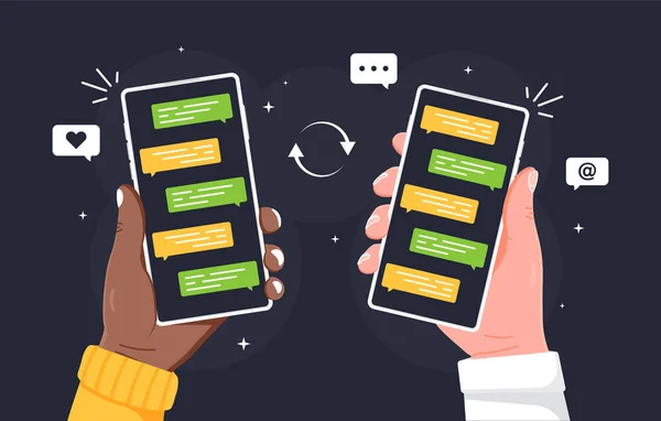Çevrimiçi Iletişim Ekran Vektörü Düz Illüstrasyonunda Akıllı Telefonu Elinde Tutan — Stok Vektör