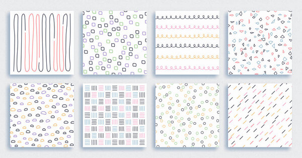 Набор абстрактных геометрических простых минималистских узоров. Полосатый шеврон и точечные украшения. Векторные обои или тканевая печать от мазков кисти.