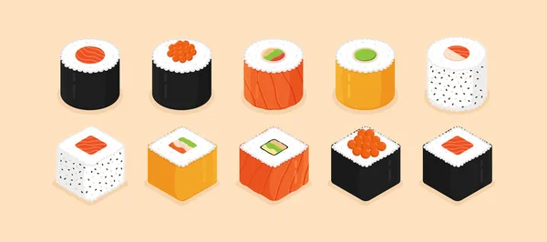 Set Rollos Sushi Iconos Sushi Isométricos Sobre Fondo Albaricoque Comida — Vector de stock