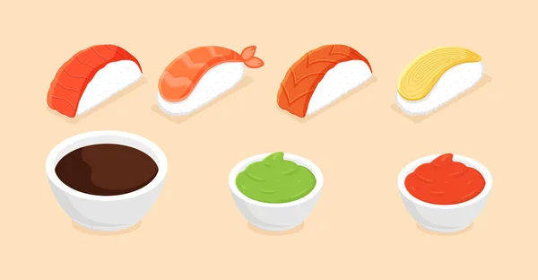 Sushi Set Isometric Sushi Icons White Background Rolls Caviar Red — Stock Vector
