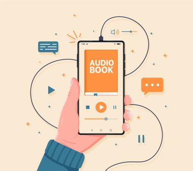 Akıllı telefon elinde ve ekranında sesli kitap uygulaması arayüzü var. Dinle edebiyat, sesli e-kitaplar. Uzaktan eğitim e-öğrenme, podcast, webinar, özel ders. Düz biçim vektör illüstrasyonu.