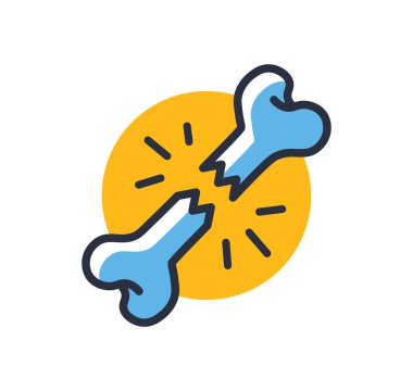 Kırık insan kemiği ikonu. Kırık kemik beyaz arka planda izole edilmiş. Tasarım elementleri, renkli. Mobil kavramlar ve web uygulamaları için elementler. Düz biçim vektör illüstrasyonu.