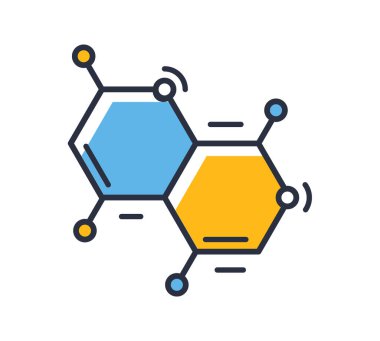 Kimya formülü ikonu. Molekül beyaz arka planda izole edildi. Tasarım elementleri, renkli. Mobil kavramlar ve web uygulamaları için elementler. Düz biçim vektör illüstrasyonu.