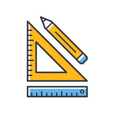 Cetvel ve kalem simgesi. Beyaz arkaplanda izole edilmiş çizim araçları. Renk tasarımı. Mobil kavramlar, web uygulamaları ve sosyal ağlar için kullanılabilir. Düz biçim vektör illüstrasyonu.