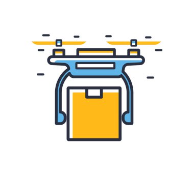 İHA simgesi. Beyaz arka planda izole edilmiş bir paketi taşımak için insansız hava aracı. Tasarım elementleri, renkli. Mobil kavramlar ve web uygulamaları için elementler. Düz biçim vektör illüstrasyonu.