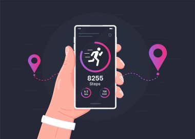 Pedometer kavramı. Cep telefonu ekranı çizimi düz çizgi film stili fitness izleme uygulaması, çalışan takip cihazı olan akıllı telefon, koşan ya da cep telefonunda yürüyen spor kontrastı teknolojisi. Vektör illüstrasyonu.