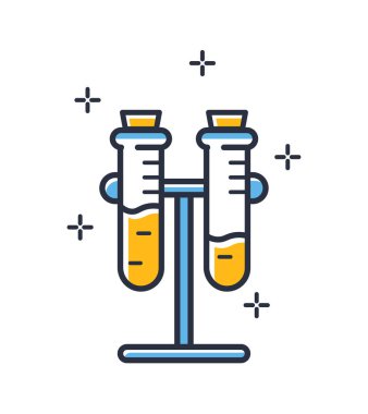 Bir tutacağa iki cam test tüpü. Beyaz arka planda hemikal ekipman var. Tasarım elementleri, renkli. Mobil kavramlar ve web paketleri için elementName. 