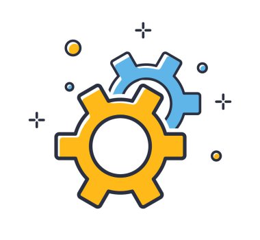 Vites simgesi. Dekoru beyaz arka planda izole edilmiş çark. Tasarım elementleri renkli. Mobil kavramlar, web uygulamaları ve sosyal ağlar için kullanılabilir. Düz biçim vektör illüstrasyonu.