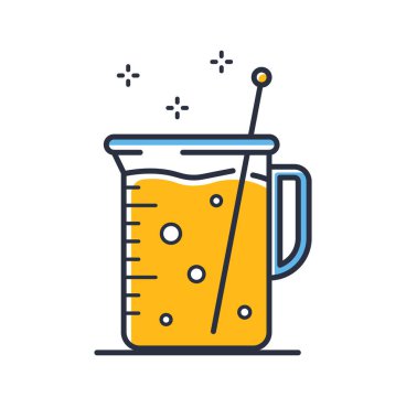 Ölçekli cam deney şişesi. Laboratuvar gemisi beyaz arka planda izole edildi. Tasarım elementleri, renkli. Mobil kavramlar ve web uygulamaları için elementler. Düz biçim vektör illüstrasyonu.