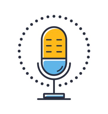 Mikrofon simgesi. Beyaz arkaplanda podcast simgesi izole edildi. Tasarım elementleri renkli. Mobil kavramlar, web uygulamaları ve sosyal ağlar için kullanılabilir. Düz biçim vektör illüstrasyonu.