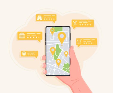 Navigasyon konumu ve GPS konsepti olan el bilgisayarı. Şirket adresi, bizimle iletişime geçin sayfa, web sayfası menü çubuğu, haritalar ve konum, kullanıcı deneyimi inişi ve mobil uygulama UI şablonu.