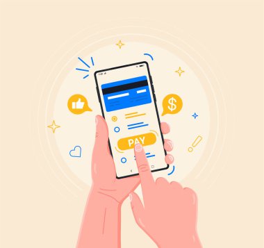 Mal ve hizmetler için mobil ödeme, akıllı telefon kullanarak alışveriş. Çevrimiçi bankacılık, telefonla ödeme. Ekranda kredi kartı, düğme ödemesi, akıllı telefon adamın elinde. Telefon ve bağlı kartla alışveriş.