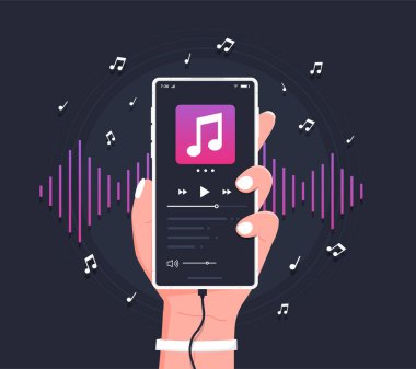 Media player uygulaması. Ses veya radyo çalarken el ele tutuşan modern bir telefon. Akıllı telefon müzik çalar kullanıcı arayüzü kavramı. Düz biçim vektör illüstrasyonu.