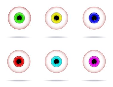 Ürkütücü gözler vektör çizimi. Cadılar Bayramı 'nın korkunç göz küresi koleksiyonu beyaz arka planda izole edilmiş. Korku partileri için dekorasyon. Sekiz renkli ayrıntılı göz küresi. Vektör Gerçekçi İllüstrasyon