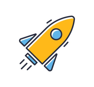 Roket ikonu. Başlangıç konsepti beyaz arkaplanda izole edildi. Tasarım elementleri, renkli. Mobil kavramlar ve web uygulamaları için elementler. Düz biçim vektör illüstrasyonu.
